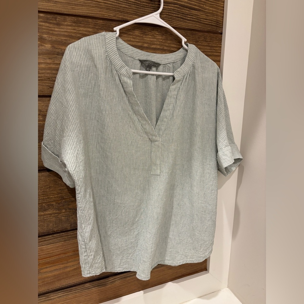 Green and White Striped Linen Shirt